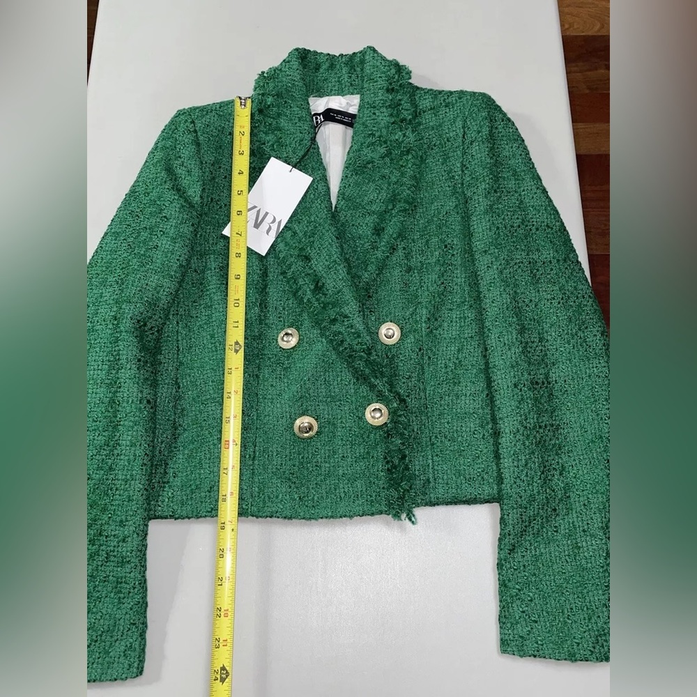 ๐(NWT) ZARA Bloggers Fav Green Tweed Double Breasted Cropped Blazer. Size XS - Picture 11 of 16